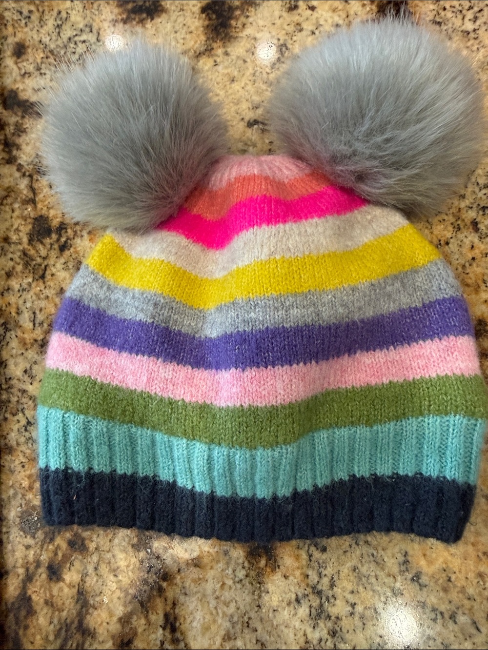 GAP Multicolor Striped Beanie with big furry Gray Pom Poms